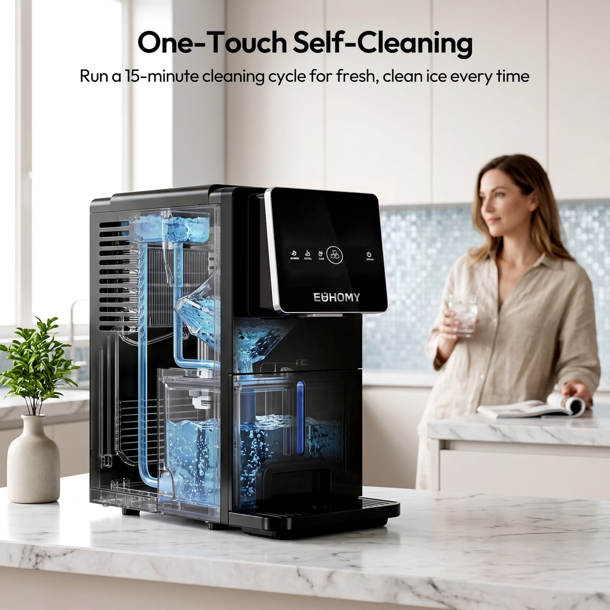 EUHOMY Countertop Nugget Ice Maker, 33 lbs/Day Chewable Pellet Ice Machine, One-Touch Dispensing, 1.8L Removable Water Tank, Self-Cleaning, Black