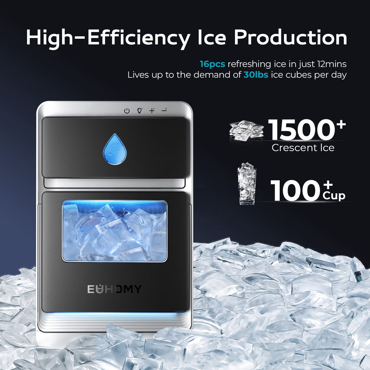 EUHOMY Crescent Ice Maker, 30Lbs/24H Countertop Ice Machine with Auto Cleaning & Slow-Melt Ice