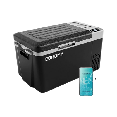 Euhomy Atlas SE portable car refrigerator with app control, black and gray