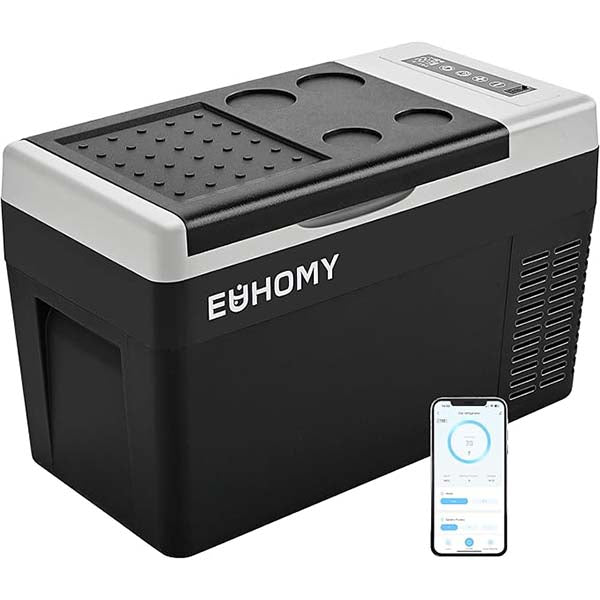 EUHOMY 26QT portable fridge black/grey with app control phone for camping.
