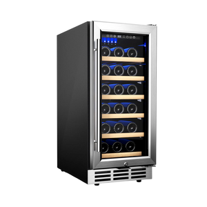 Euhomy Eden Plus wine cooler with stainless steel frame, glass door, and wooden shelves