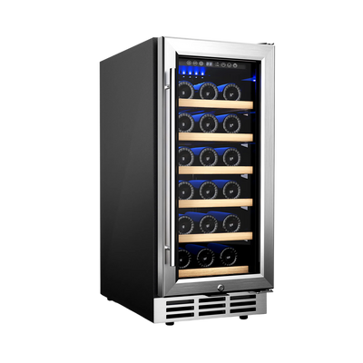 Euhomy Eden Plus wine cooler with stainless steel frame, glass door, and wooden shelves