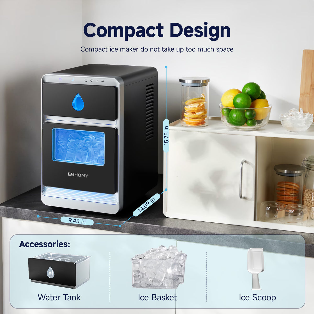 EUHOMY Crescent Ice Maker, 30Lbs/24H Countertop Ice Machine with Auto Cleaning & Slow-Melt Ice