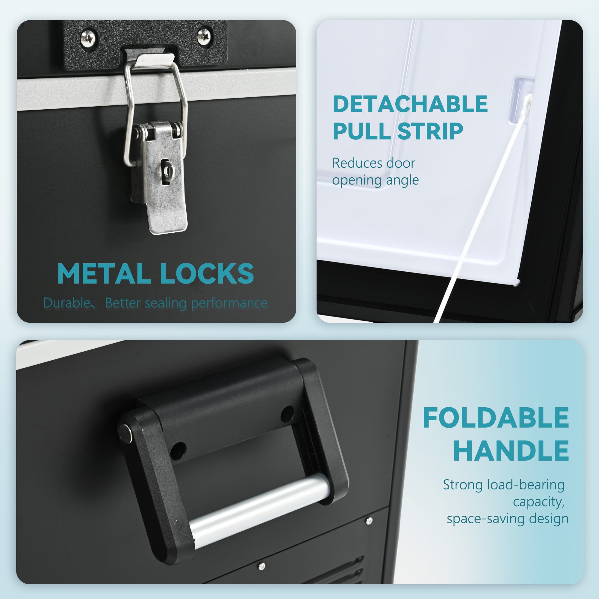 Euhomy 69qt black dual zone car refrigerator with metal locks, detachable pull strip, foldable handle.