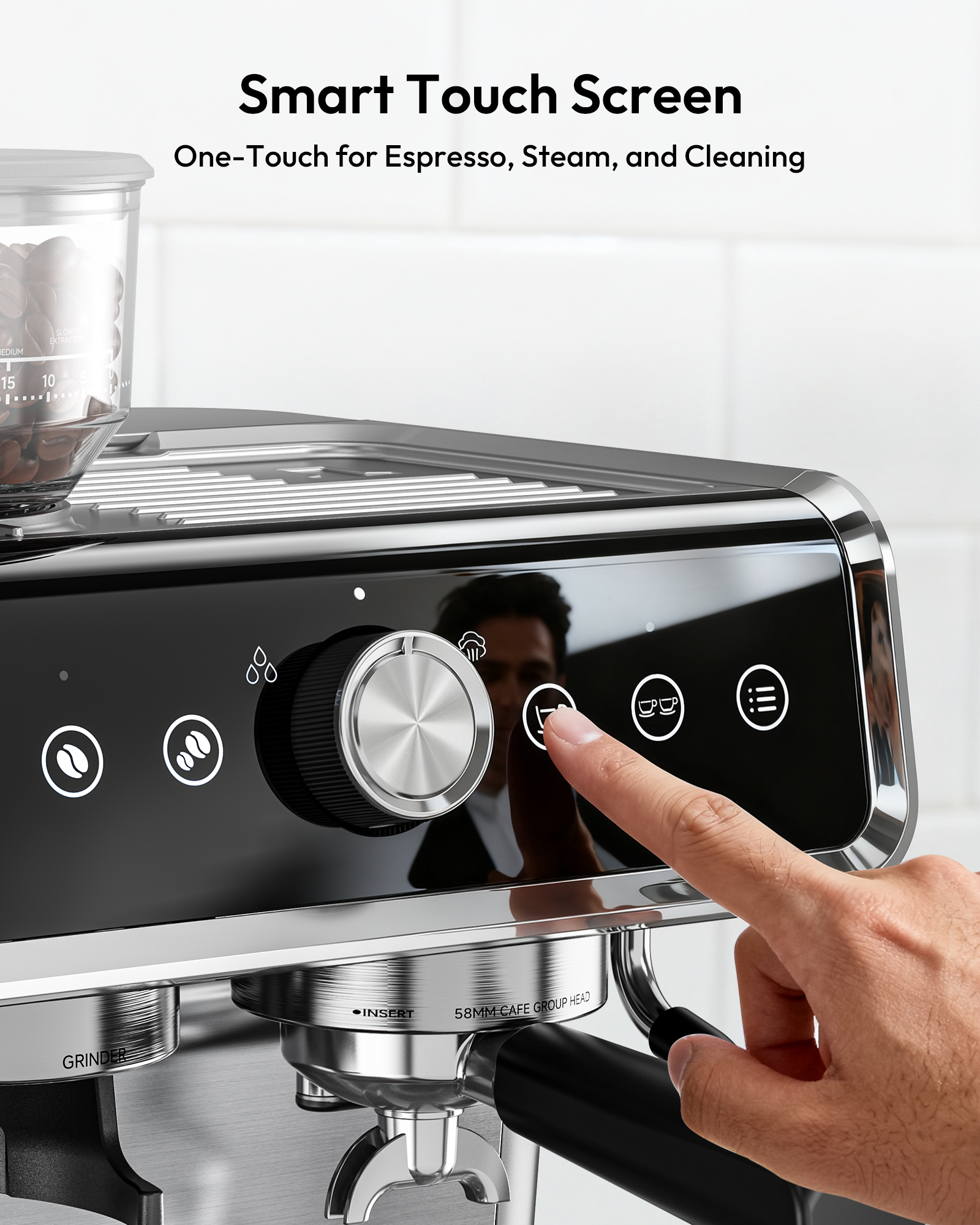 Smart touch screen espresso machine with grinder and one-touch controls for espresso, steam, cleaning