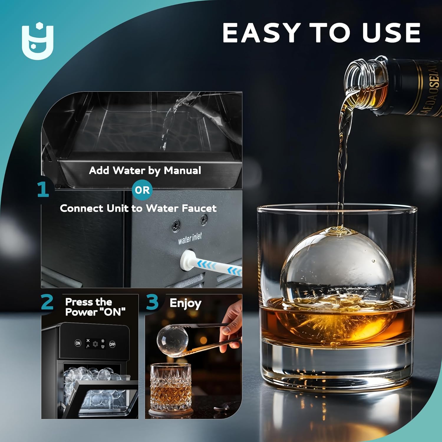 Euhomy Rock SE ice maker: step-by-step guide showing water addition, power on, and enjoying sphere ice in whiskey.