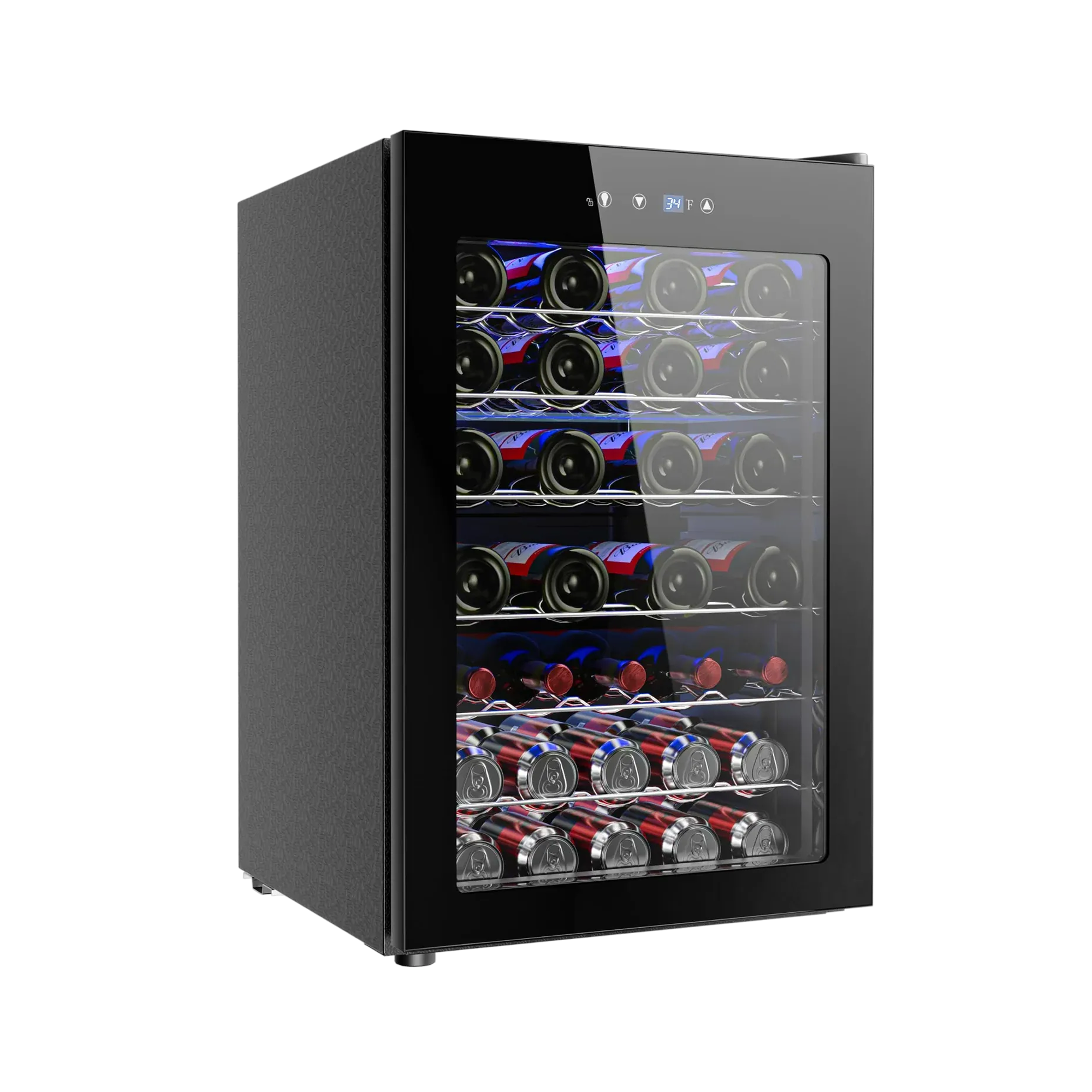 EUHOMY 45-bottle wine cooler refrigerator, black with glass door, LED interior, holds wine bottles & cans.