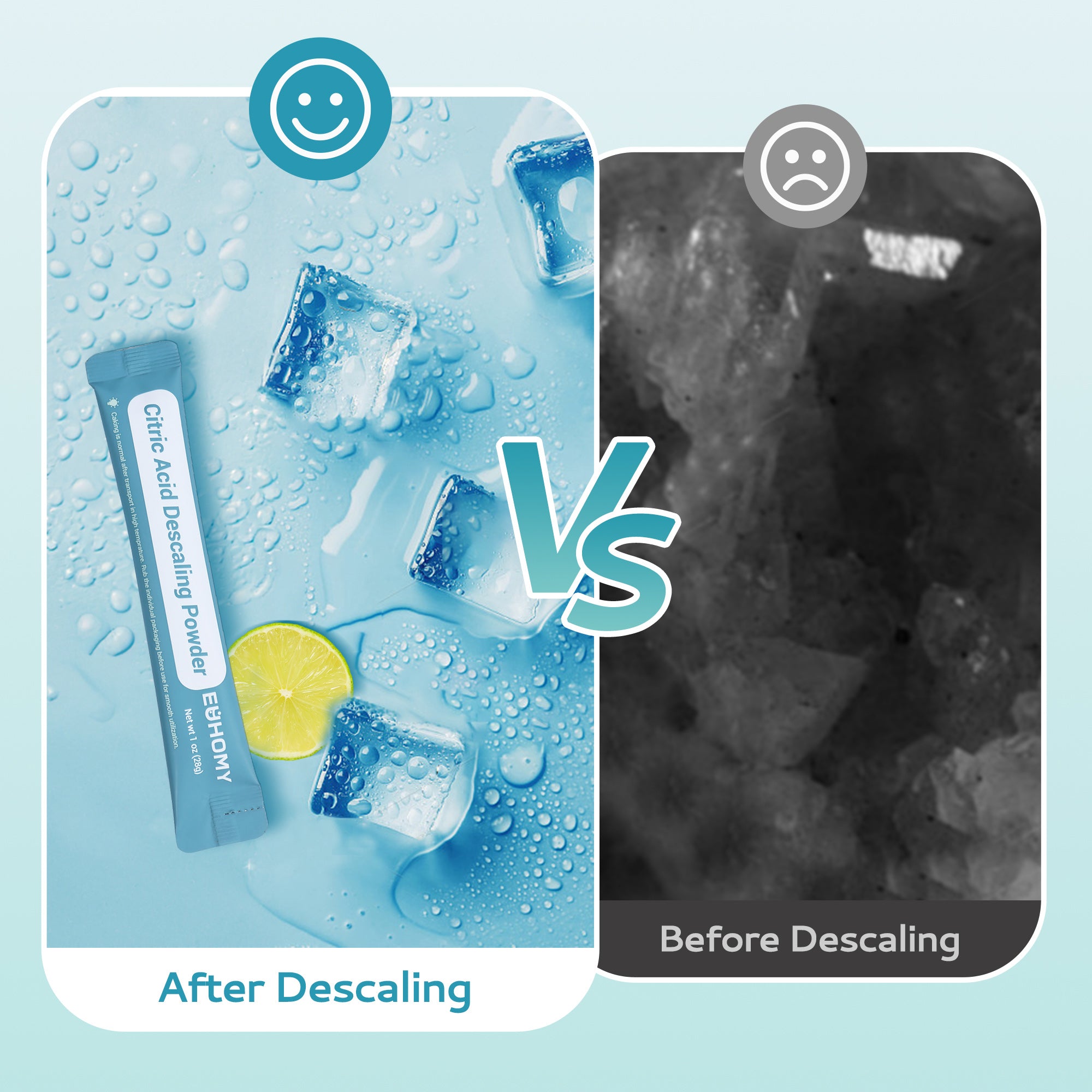 Euhomy ice maker cleaner citric acid descaler comparison showing before and after descaling results.