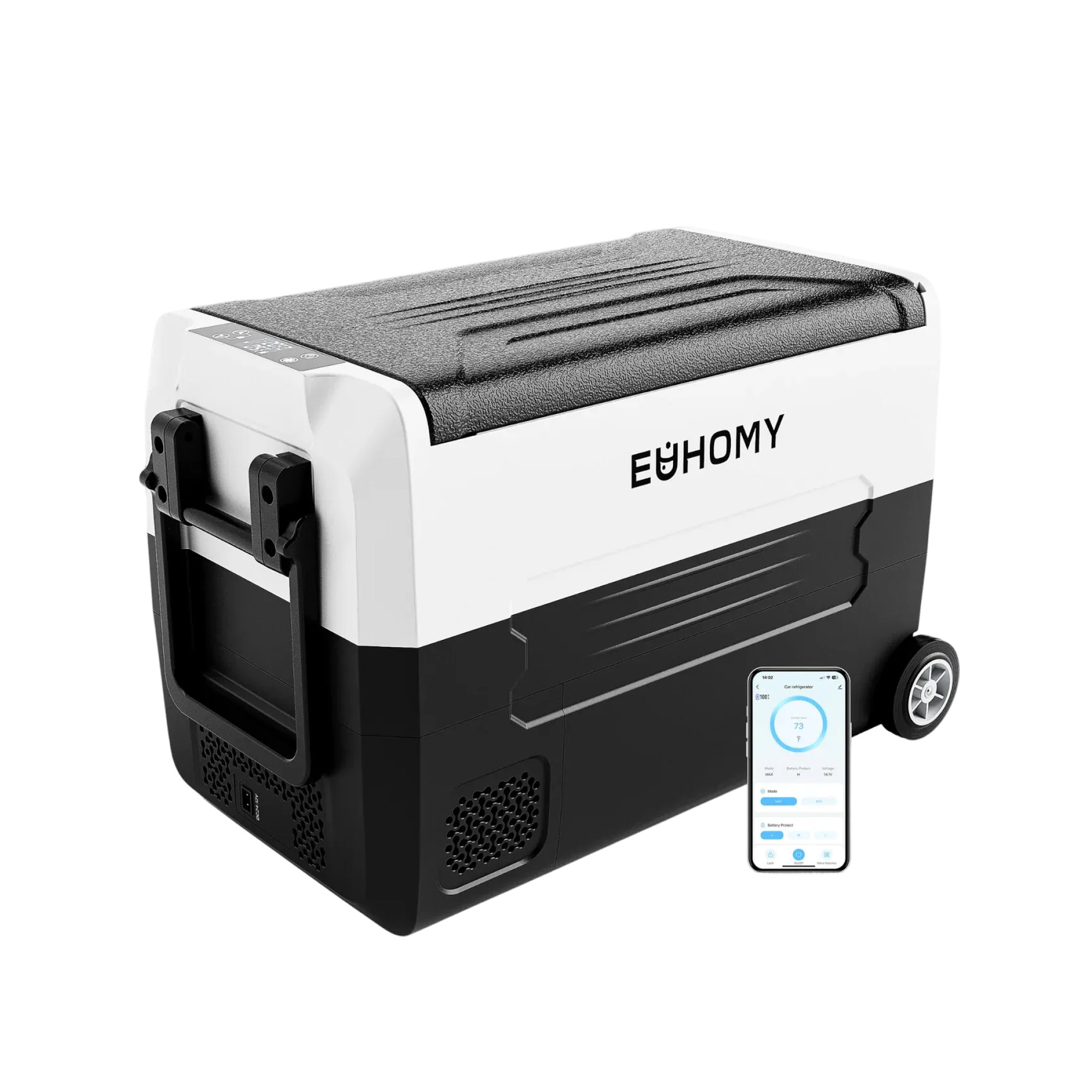 Euhomy 37-quart dual-zone portable car refrigerator with wheels, retractable handle, and app control via smartphone.