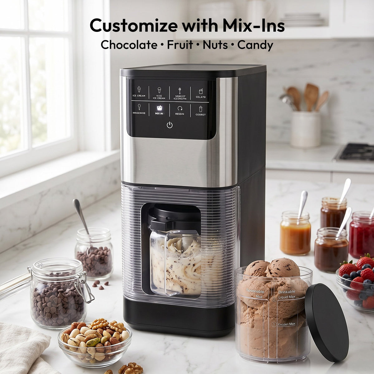 EUHOMY Ice Cream Maker with 8 One-Touch Programs, Makes Ice Cream, Gelato, Milkshakes & Sorbet, Includes 2 Pint Containers with Lids, Black/Silver