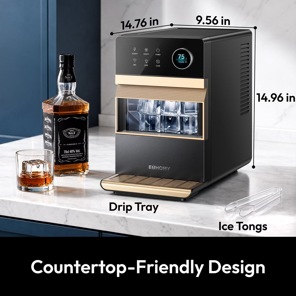 EUHOMY Countertop Clear Ice Maker, 2-Inch Large Ice Cubes, APP Control, 2 Modes, Self-Cleaning, Black