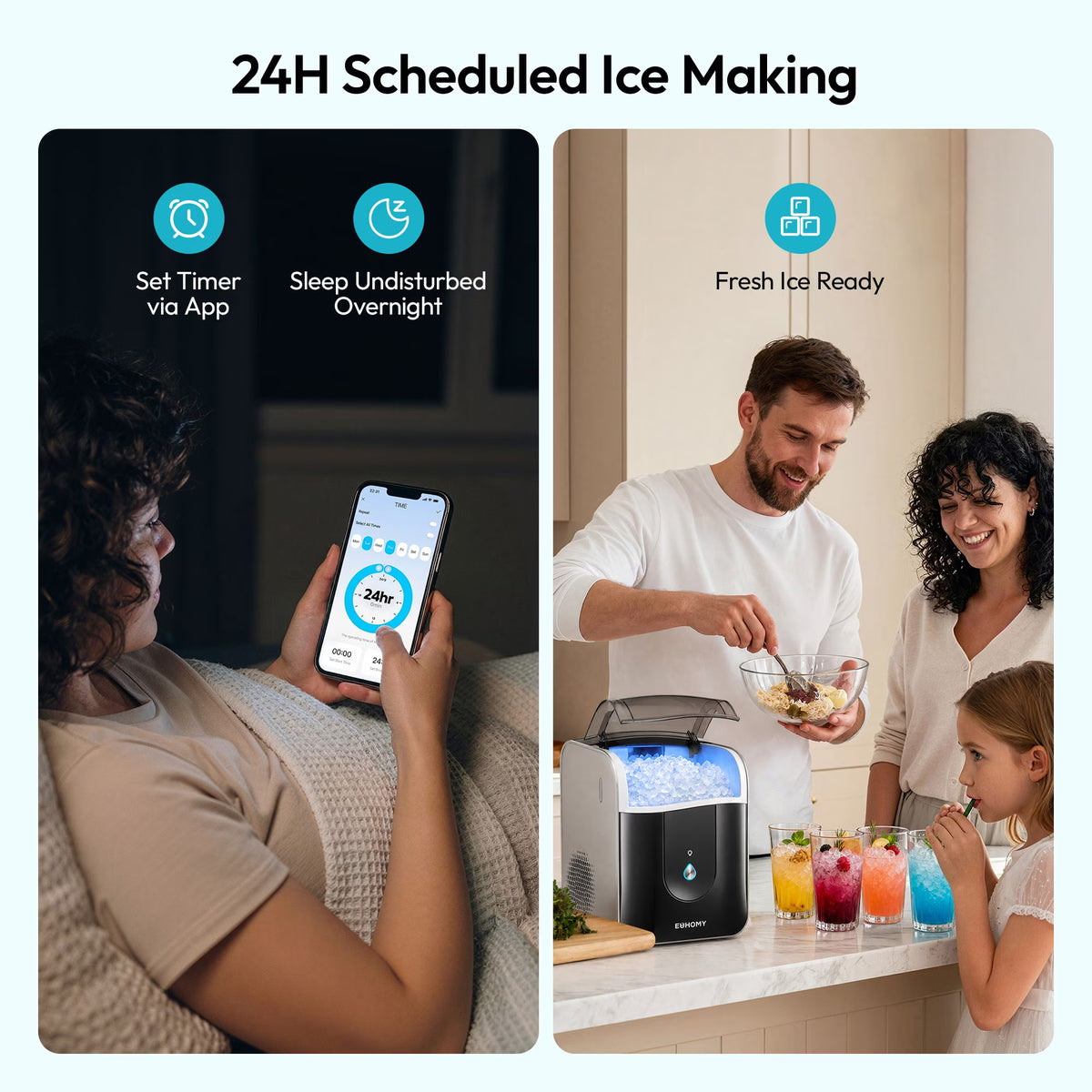 EUHOMY Countertop Nugget Ice Maker, 40 lbs/24H, Self-Cleaning, Smart App, Chewable Ice, Black