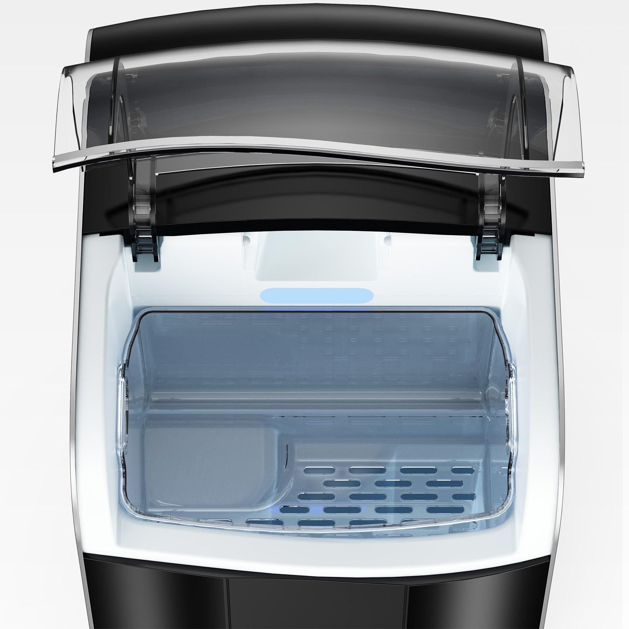Euhomy Pearl L1 Pro Nugget Ice Maker open top view. Shows clear ice bin, slatted grate, and blue light. Interior detail.