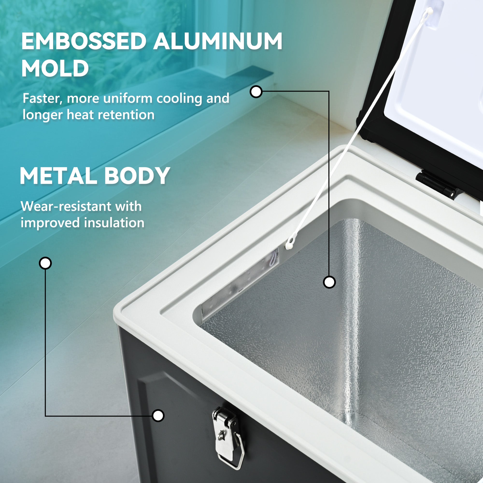 Euhomy 69qt dual zone fridge interior: embossed aluminum mold for uniform cooling & durable metal body.