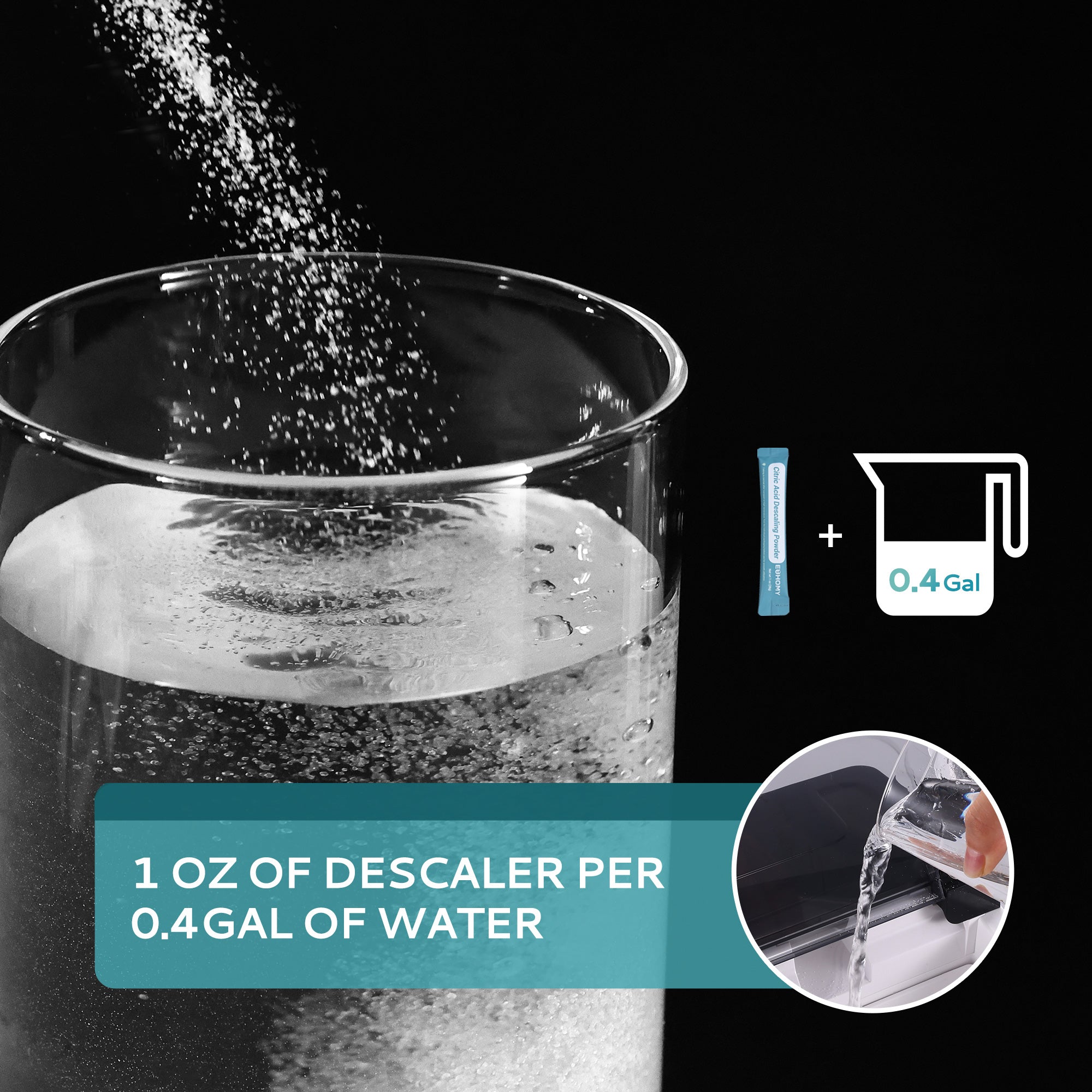 Euhomy ice maker cleaner citric acid descaler dissolving in water with instructions for 1oz per 0.4gal.