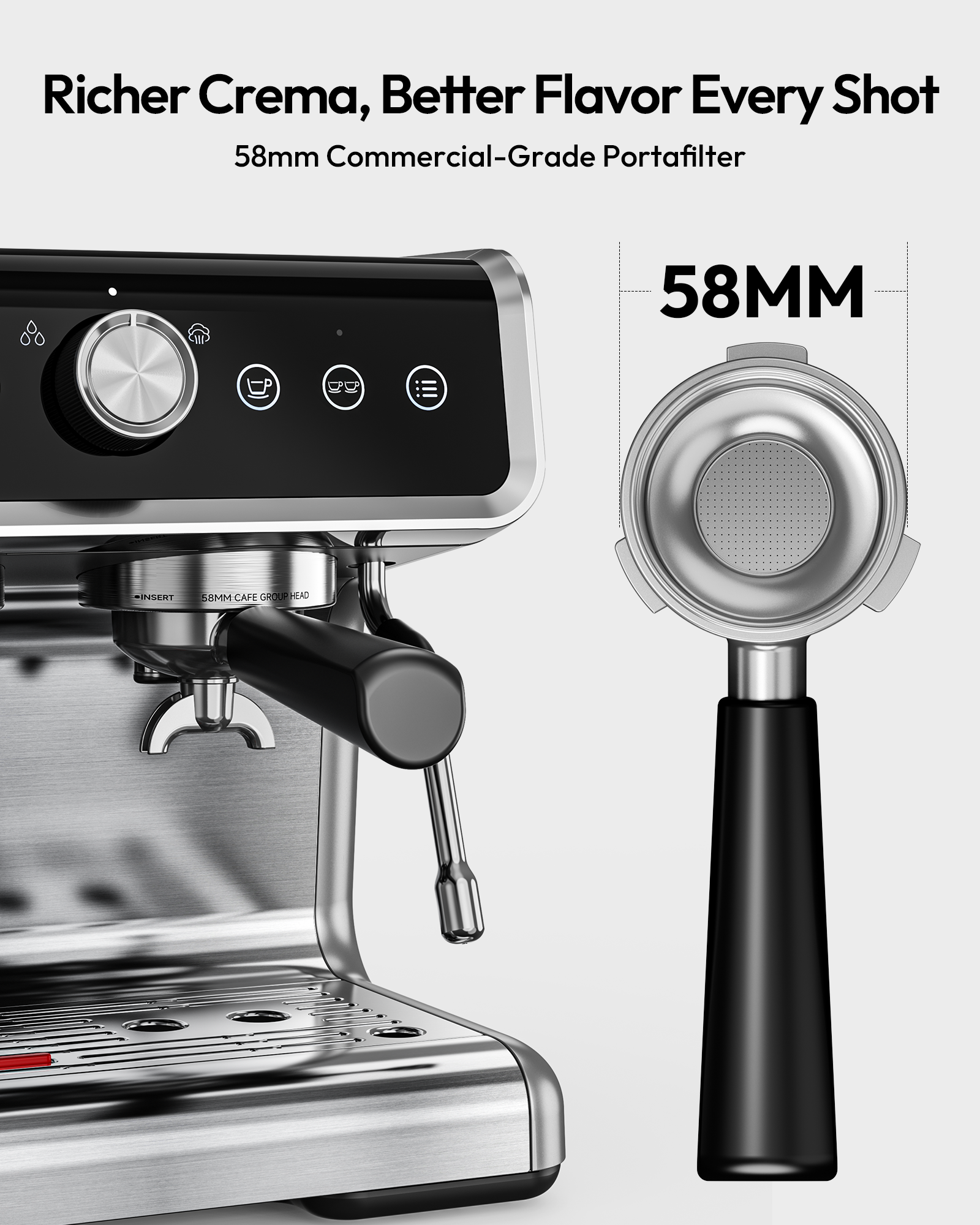 EUHOMY espresso machine with 58mm commercial-grade portafilter and steam wand