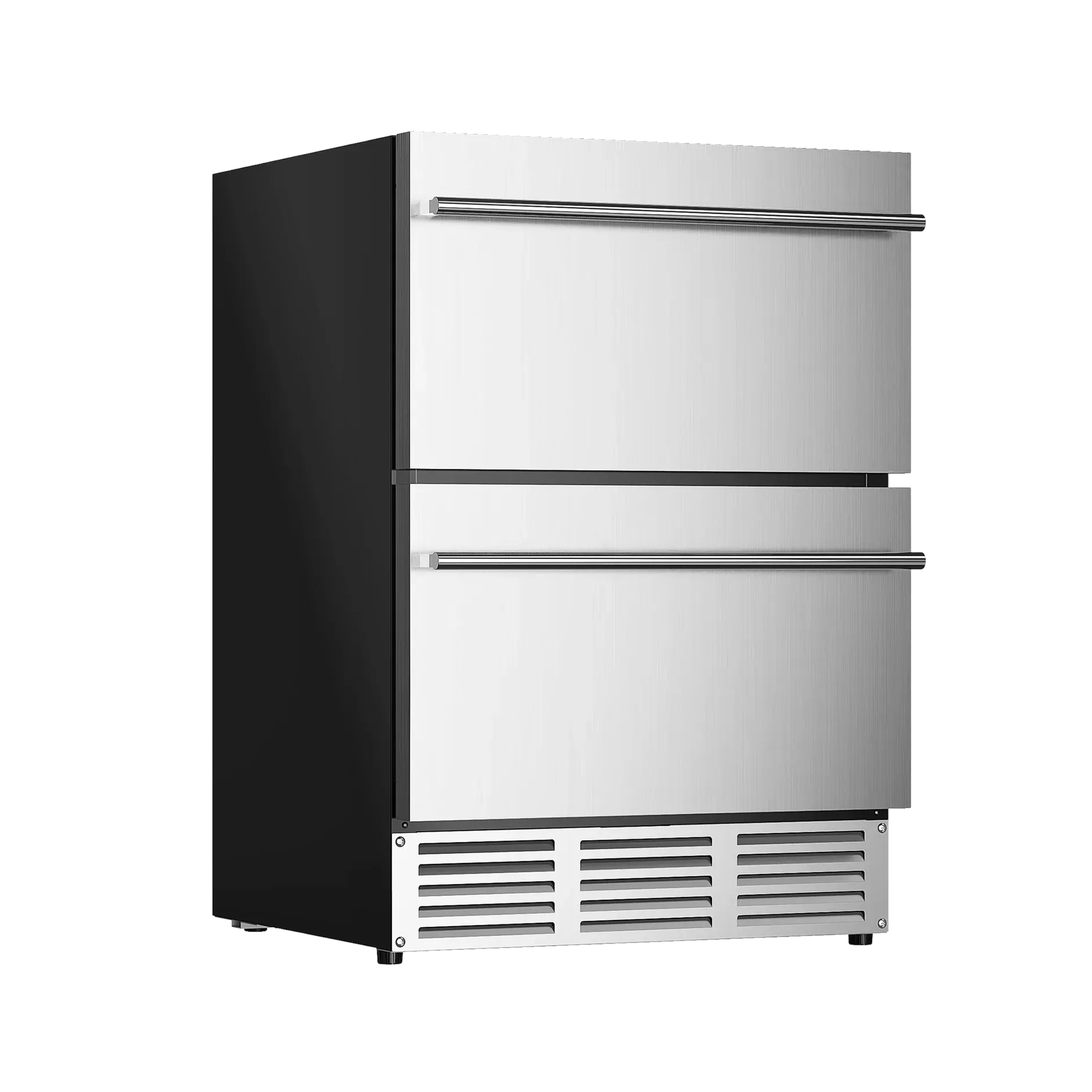 EUHOMY 24 inch under counter double drawer fridge with stainless steel drawers and black sides, front view.