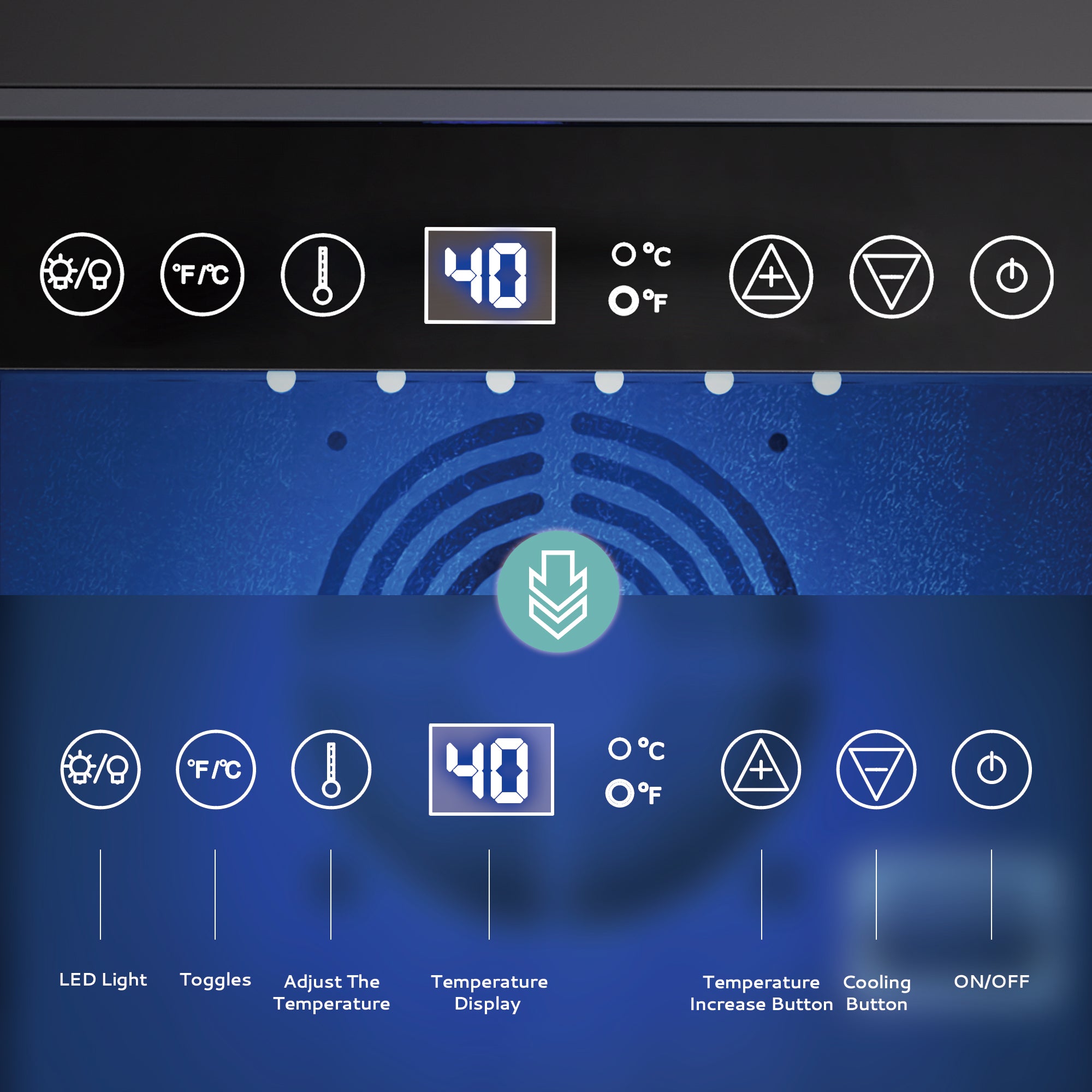 EUHOMY 15-inch beverage fridge control panel with 40°F temp display, LED light, and cooling controls.