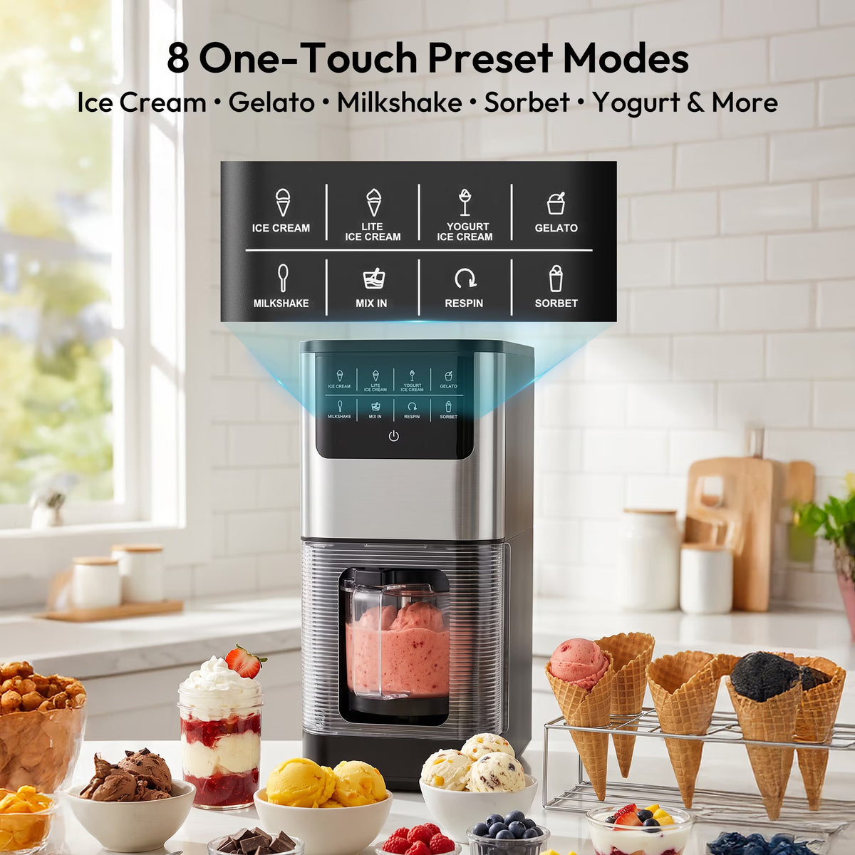 EUHOMY Ice Cream Maker with 8 One-Touch Programs, Makes Ice Cream, Gelato, Milkshakes & Sorbet, Includes 2 Pint Containers with Lids, Black/Silver