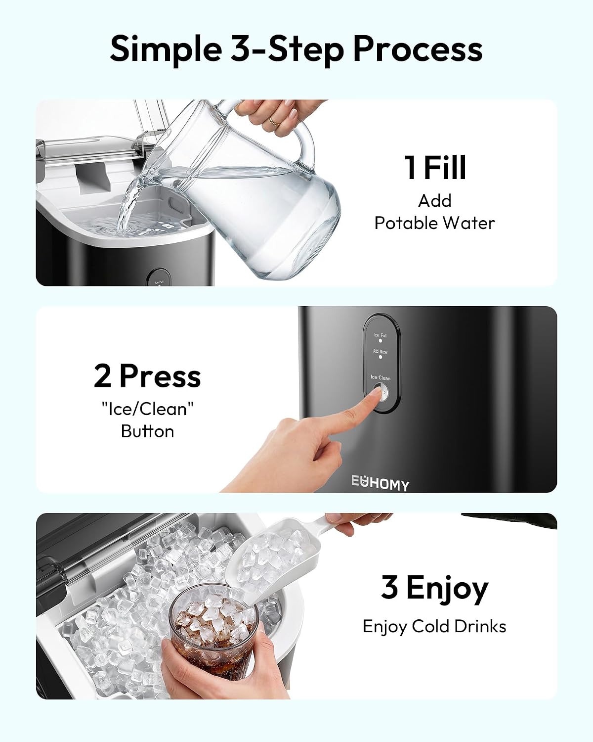 EUHOMY Nugget Ice Maker Countertop with Handle, Ready in 6 Mins, 34lbs Per Day, Removable Top Cover, Auto-Cleaning, Portable Sonic Ice Maker with Basket and Scoop, for Home/Party/RV/Camping (Black)