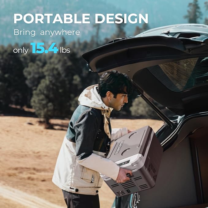 Man loads lightweight EUHOMY 10L portable fridge into car, perfect for camping and travel.