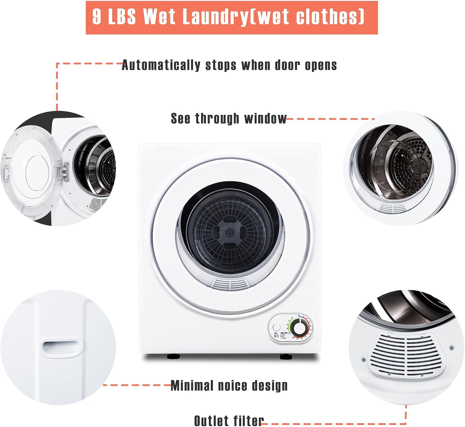 Euhomy 120V Compact Laundry Dryer, 1.5 cu.ft Front Load Stainless Steel Clothes Dryers with Stainless Steel Tub, Control Panel Downside Easy Control for 4 Automatic Drying Mode, White