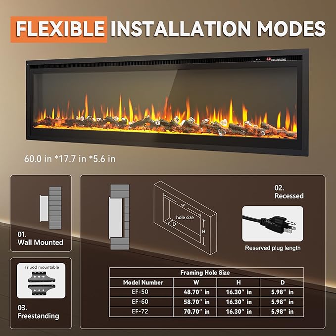 EUHOMY Electric Fireplace Recessed Wall Mounted Freestanding
