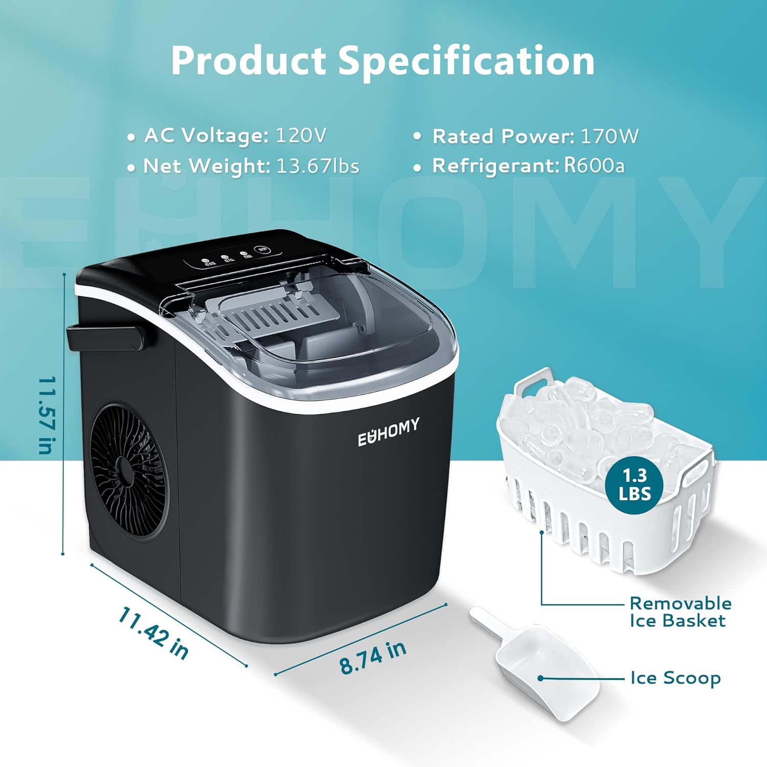 Portable Ice Maker, 6-Min Bullet Ice Fast | Euhomy