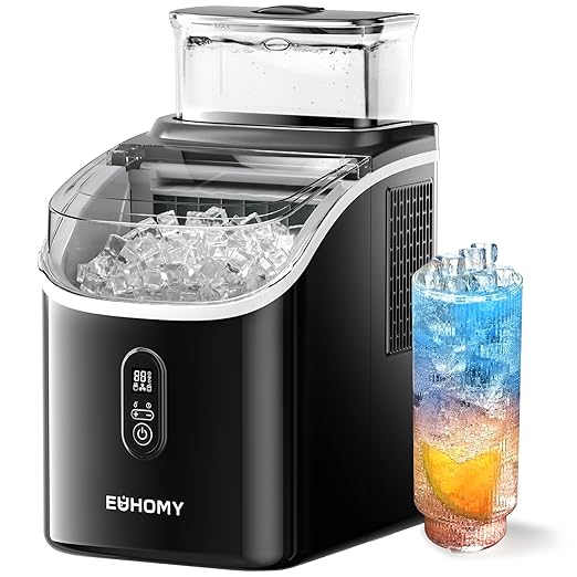 Black Euhomy Tile SE countertop ice cube maker with a full ice bin, water tank, and an iced beverage.
