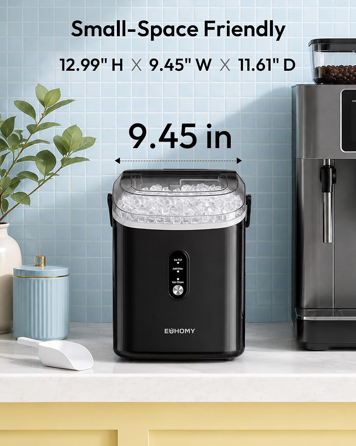 EUHOMY Nugget Ice Maker Countertop with Handle, Ready in 6 Mins, 34lbs Per Day, Removable Top Cover, Auto-Cleaning, Portable Sonic Ice Maker with Basket and Scoop, for Home/Party/RV/Camping (Black)