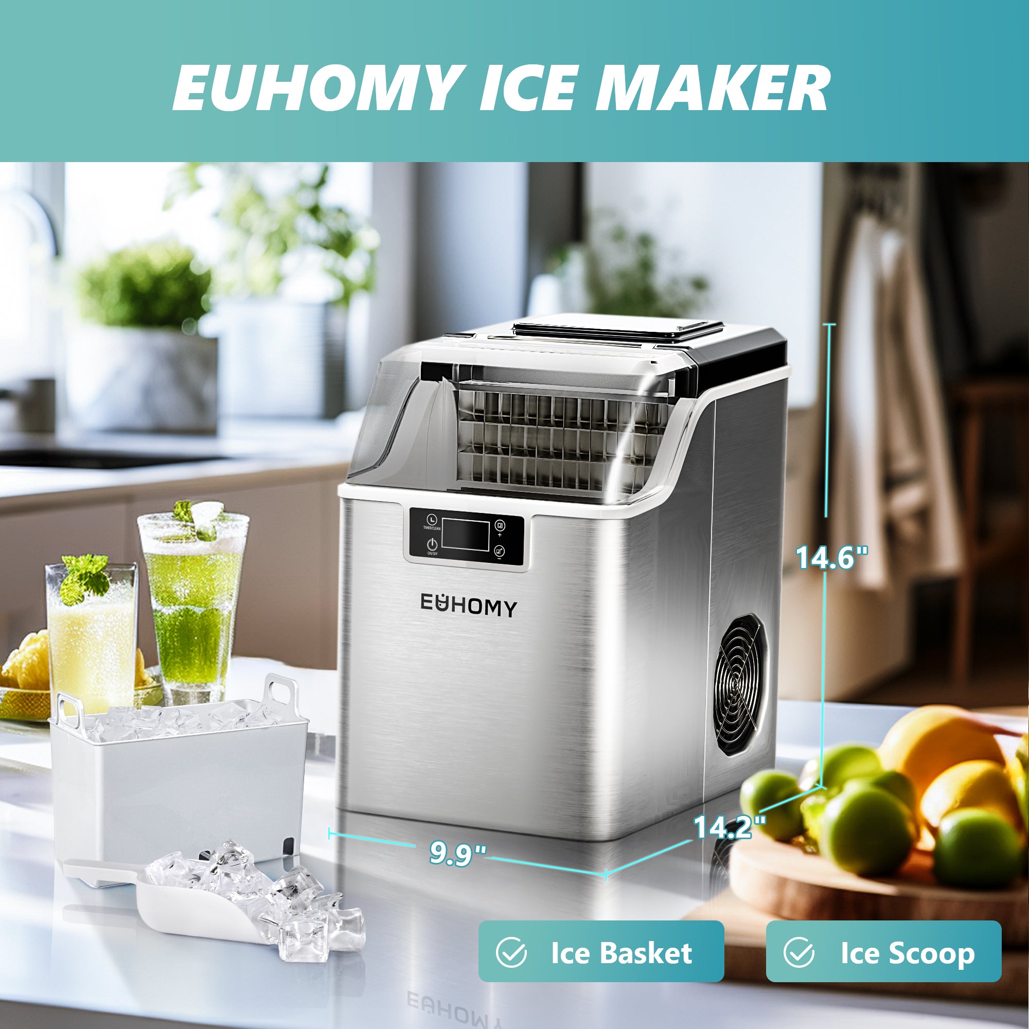 Countertop Ice Maker, Auto-cleaning & 45 Lbs/Day | Euhomy