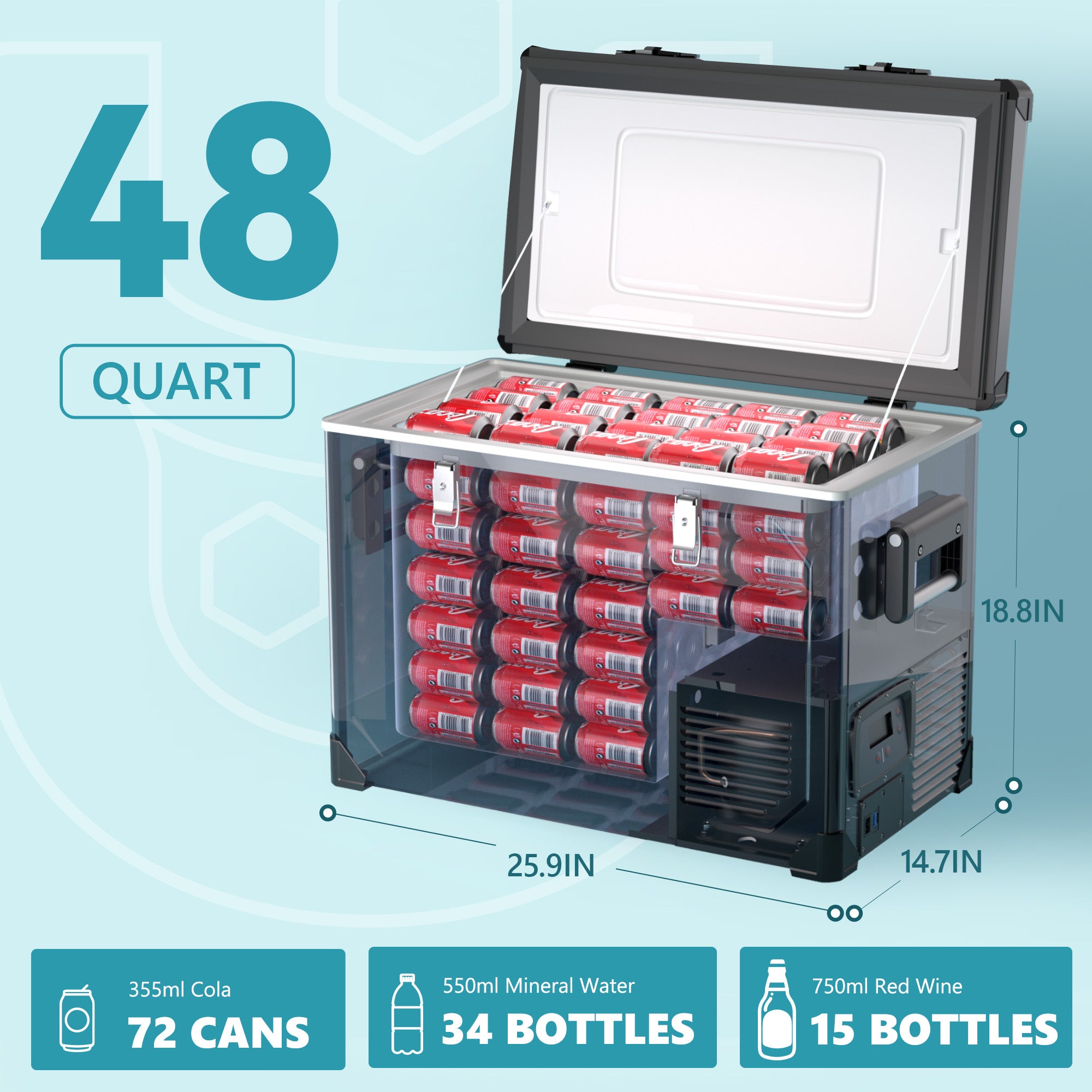 Euhomy 69-quart portable car refrigerator, dual zone, open with 72 cans cola, showing bottle capacities.