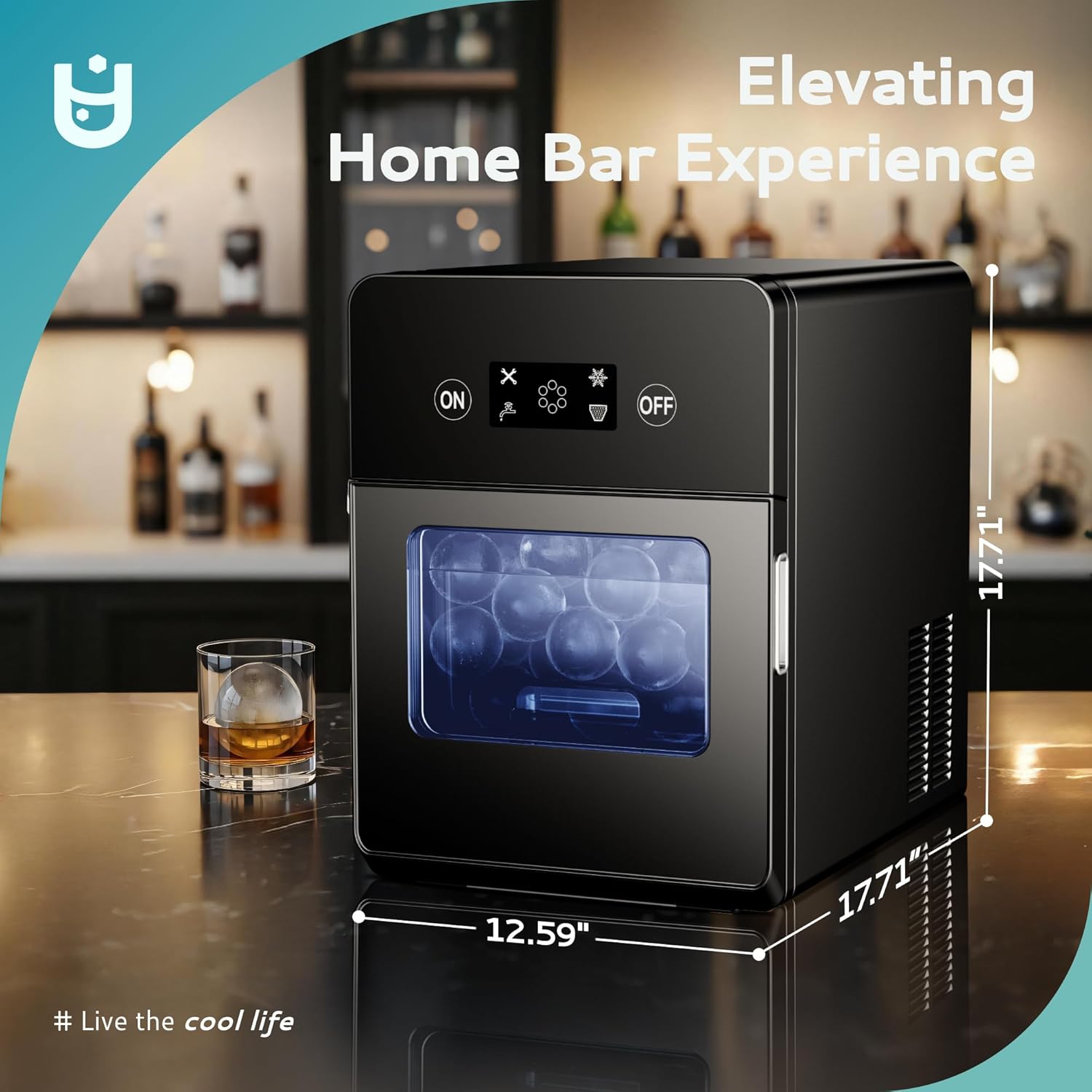 Black Euhomy Rock SE ice maker on home bar, making clear ice spheres. Glass of whiskey with sphere ice shown.