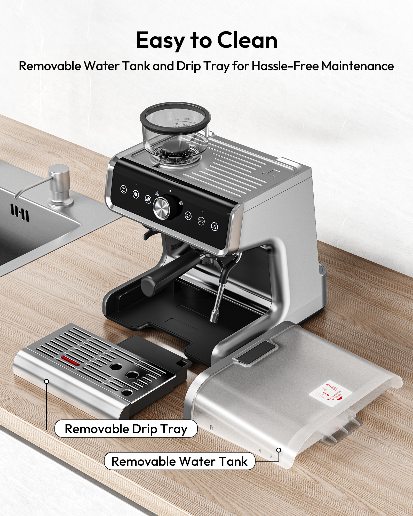 Euhomy espresso machine with removable water tank and drip tray for easy cleaning