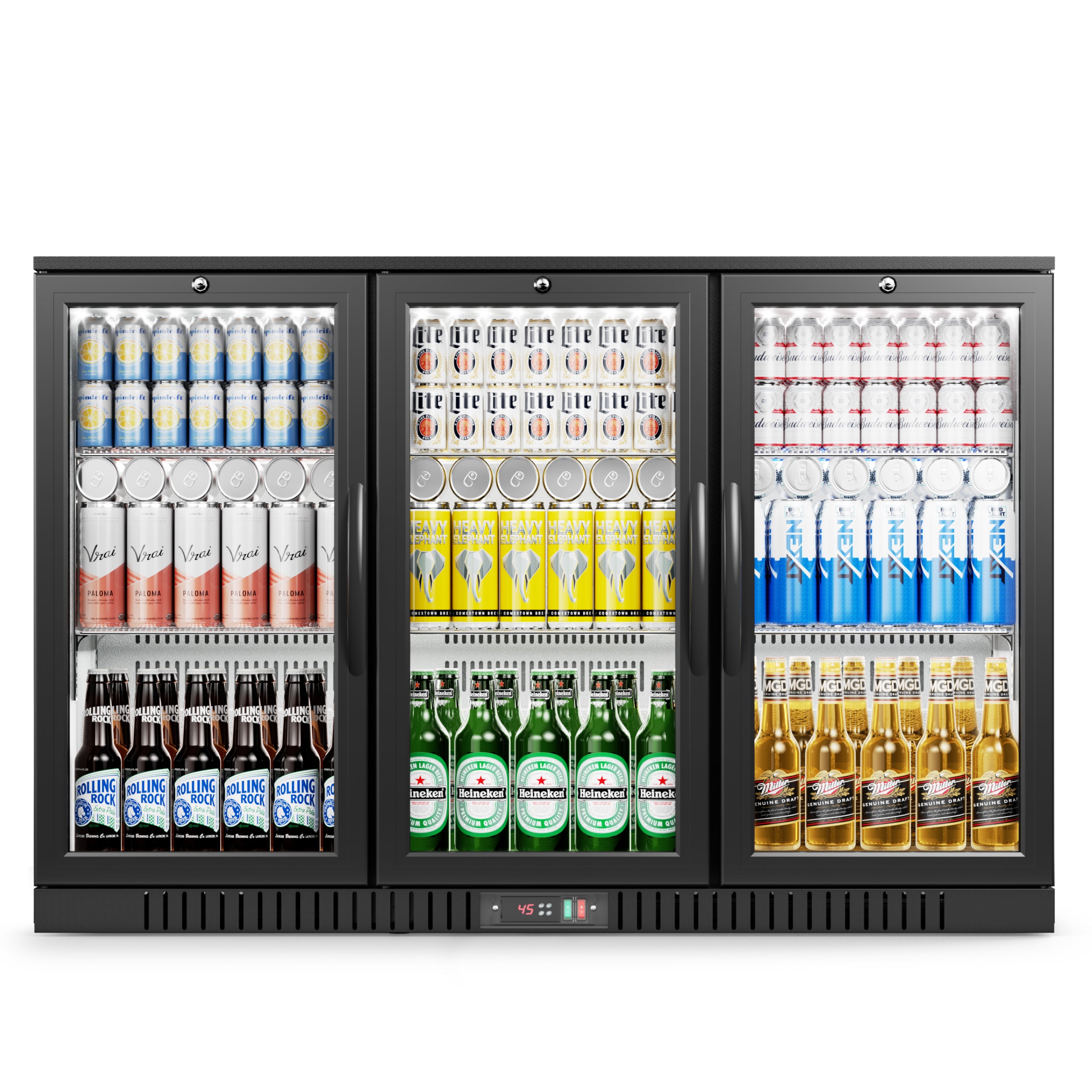 EUHOMY 2-door glass door back bar cooler, displaying organized Spindrift, Rolling Rock, Heineken, Miller drinks.