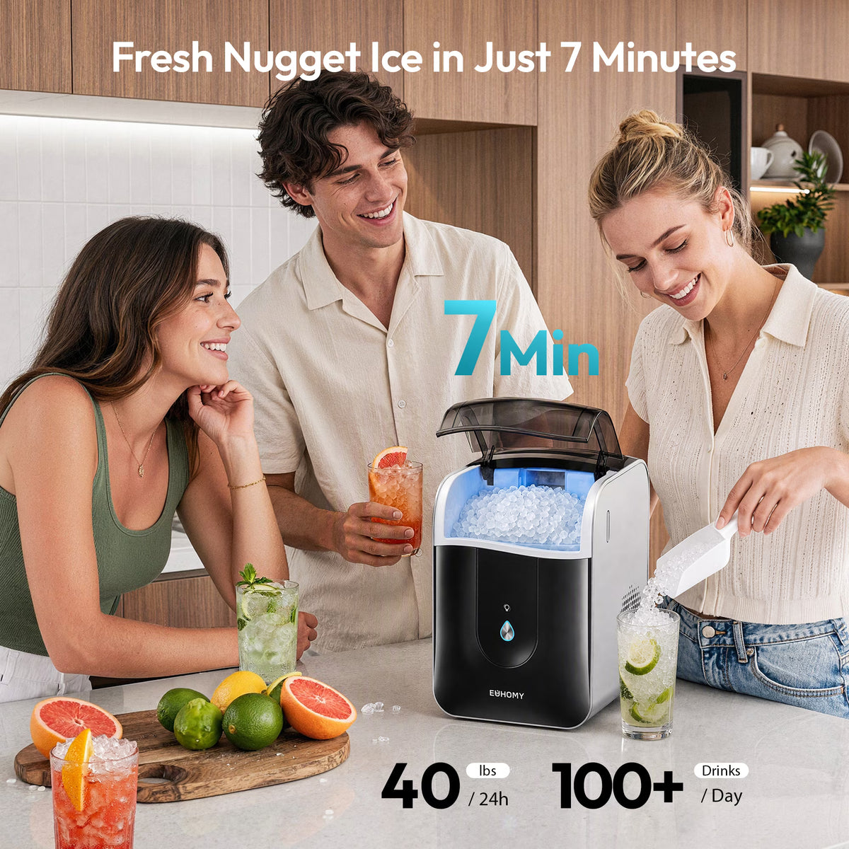 EUHOMY Countertop Nugget Ice Maker, 40 lbs/24H, Self-Cleaning, Smart App, Chewable Ice, Black