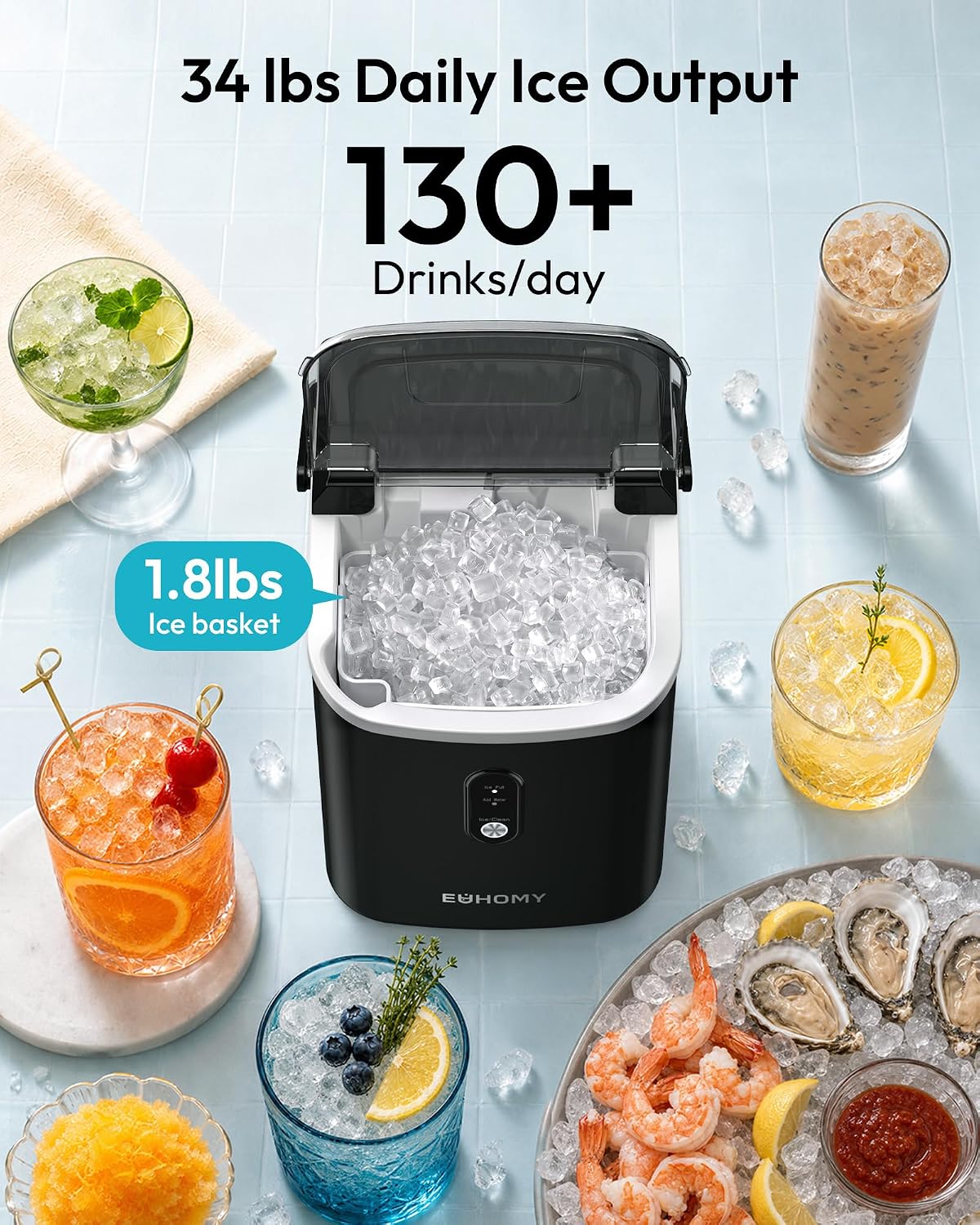 EUHOMY Nugget Ice Maker Countertop with Handle, Ready in 6 Mins, 34lbs Per Day, Removable Top Cover, Auto-Cleaning, Portable Sonic Ice Maker with Basket and Scoop, for Home/Party/RV/Camping (Black)