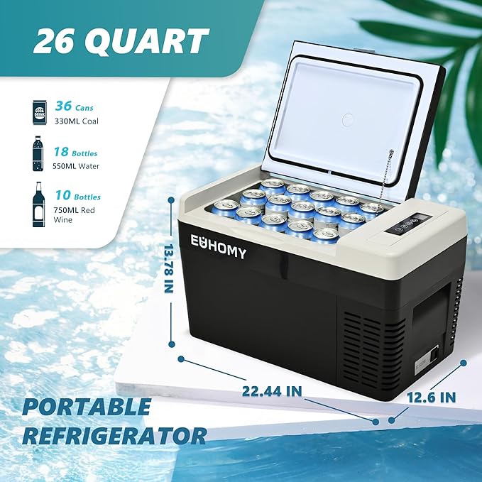 
                      
                        EUHOMY 12V Portable Car Refrigerator, 25L with APP Control, Black & Gray – Quiet, Compact, Travel-Ready
                      
                    
