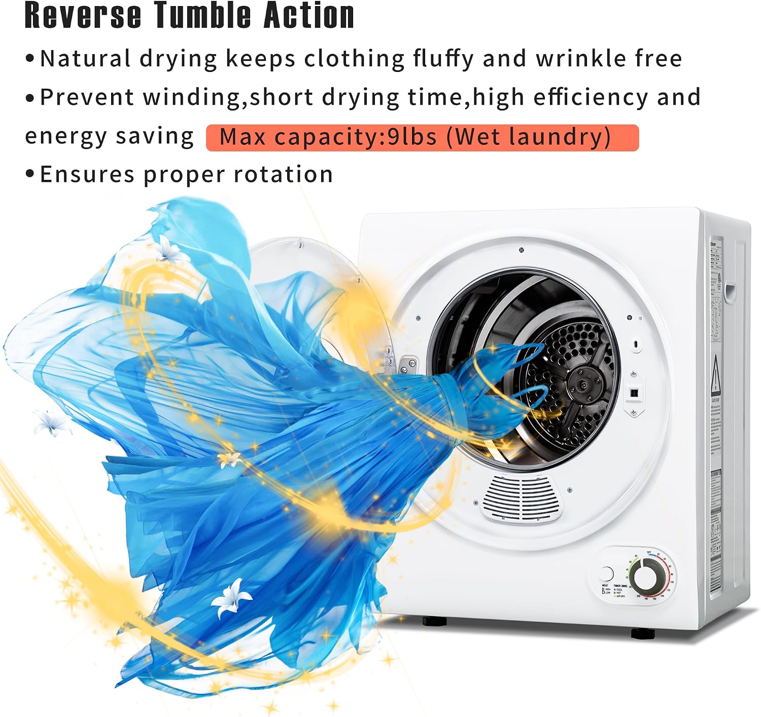 Euhomy 120V Compact Laundry Dryer, 1.5 cu.ft Front Load Stainless Steel Clothes Dryers with Stainless Steel Tub, Control Panel Downside Easy Control for 4 Automatic Drying Mode, White