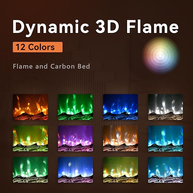 Dynamic 3D flame fireplace with 12 color options and carbon bed