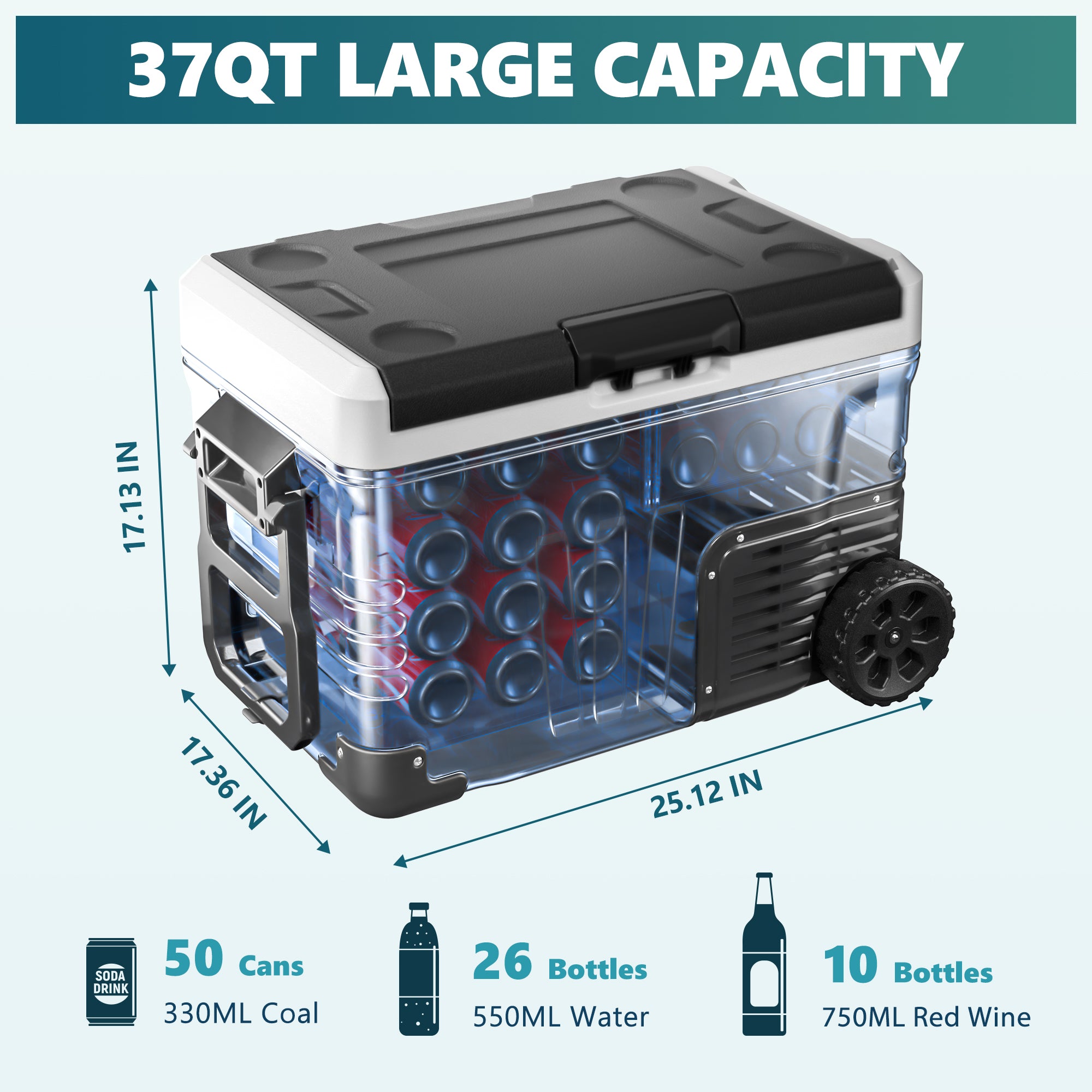 Euhomy 53-quart 12V car refrigerator, black, showing dimensions 25.91D x 18.19W x 20.63H.