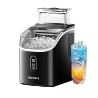 Euhomy Tile SE black portable ice maker with digital display, full ice bin, and a glass with ice-filled beverage.