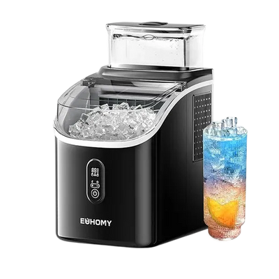 Euhomy countertop cube ice maker with clear water tank, black housing, and ice-filled basket