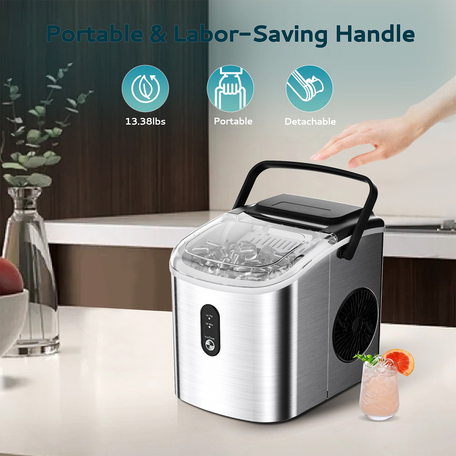 Silver Euhomy Dart H1 portable ice maker with handle, full ice basket, and iced drink on countertop.