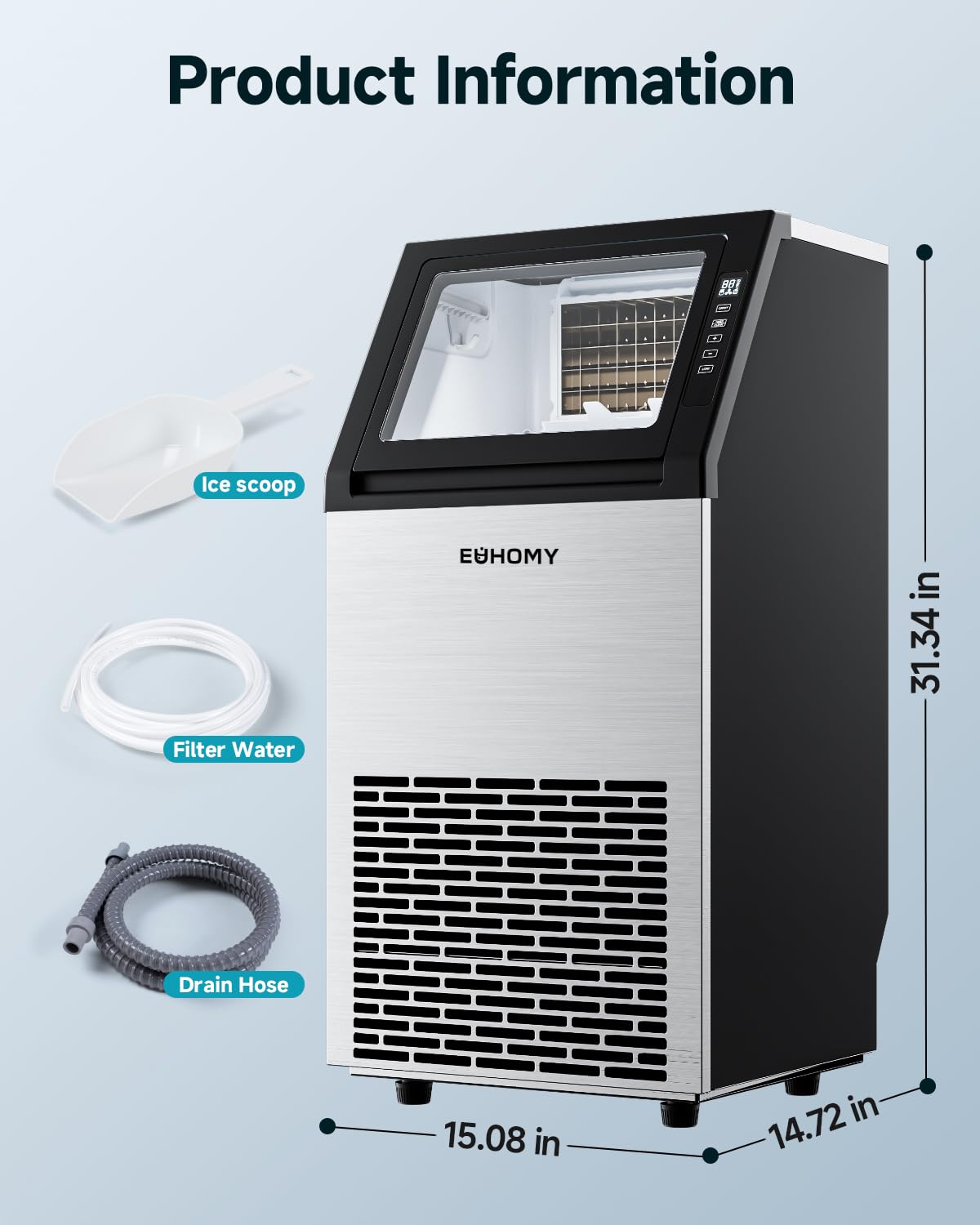 EUHOMY Commercial Ice Maker Machine,120lbs/24H Stainless Steel Under Counter Ice Machine with 33lbs Storage Bin, Freestanding Ice Maker for Home/Bar/Cafe/Restaurant