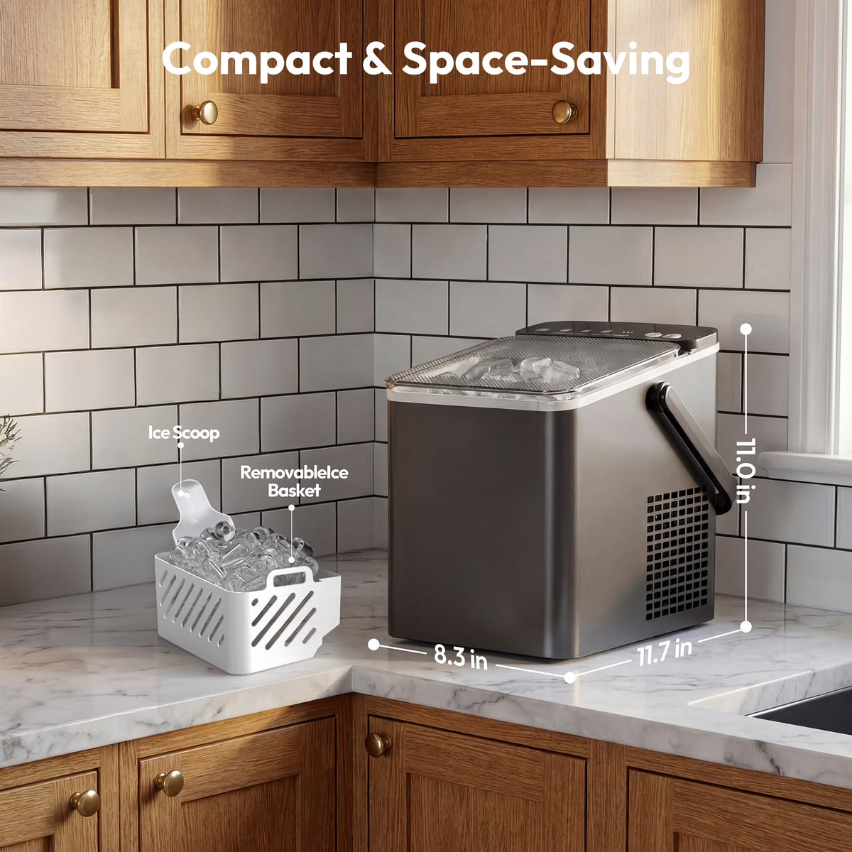 EUHOMY Countertop Ice Maker with Handle, 26 lbs/Day Portable Ice Machine, 9 Bullet Cubes in 6 Minutes, 2 Ice Sizes, Self-Cleaning, 1.1L Water Tank