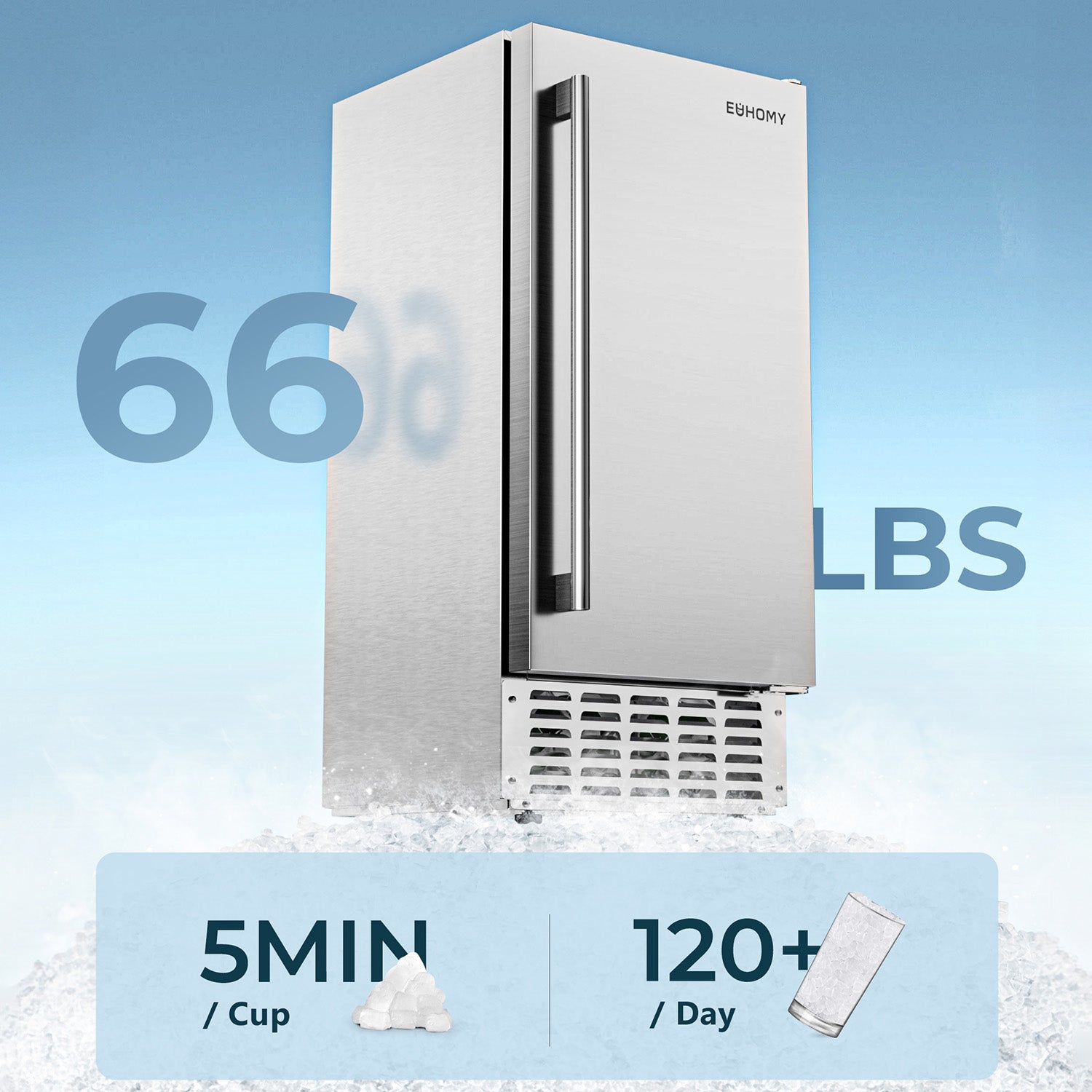 Euhomy commercial stainless steel nugget ice maker producing 66 lbs of ice daily, with 5 min/cup production speed.