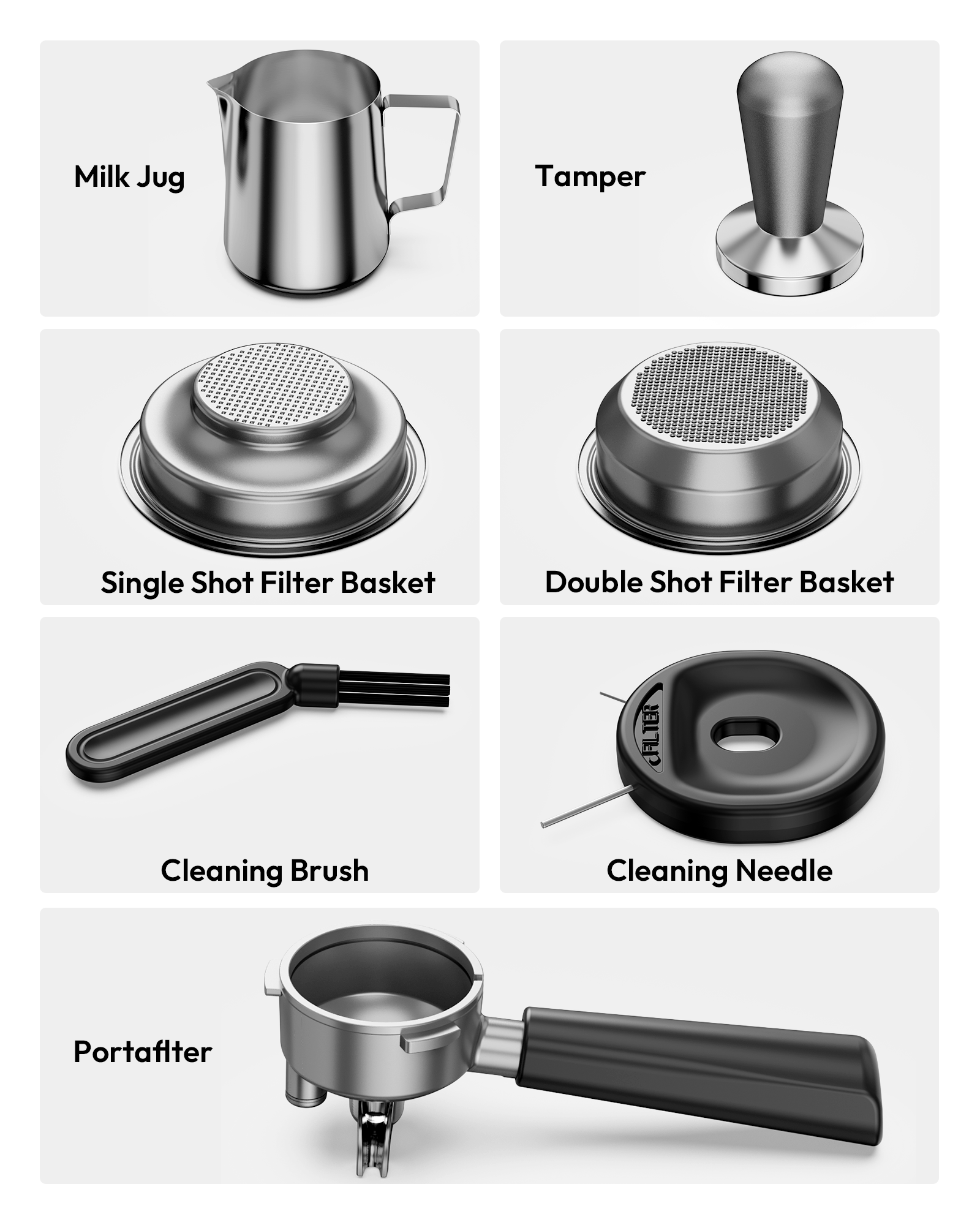 Espresso machine accessories set with milk jug, tamper, filter baskets, cleaning brush, needle and portafilter