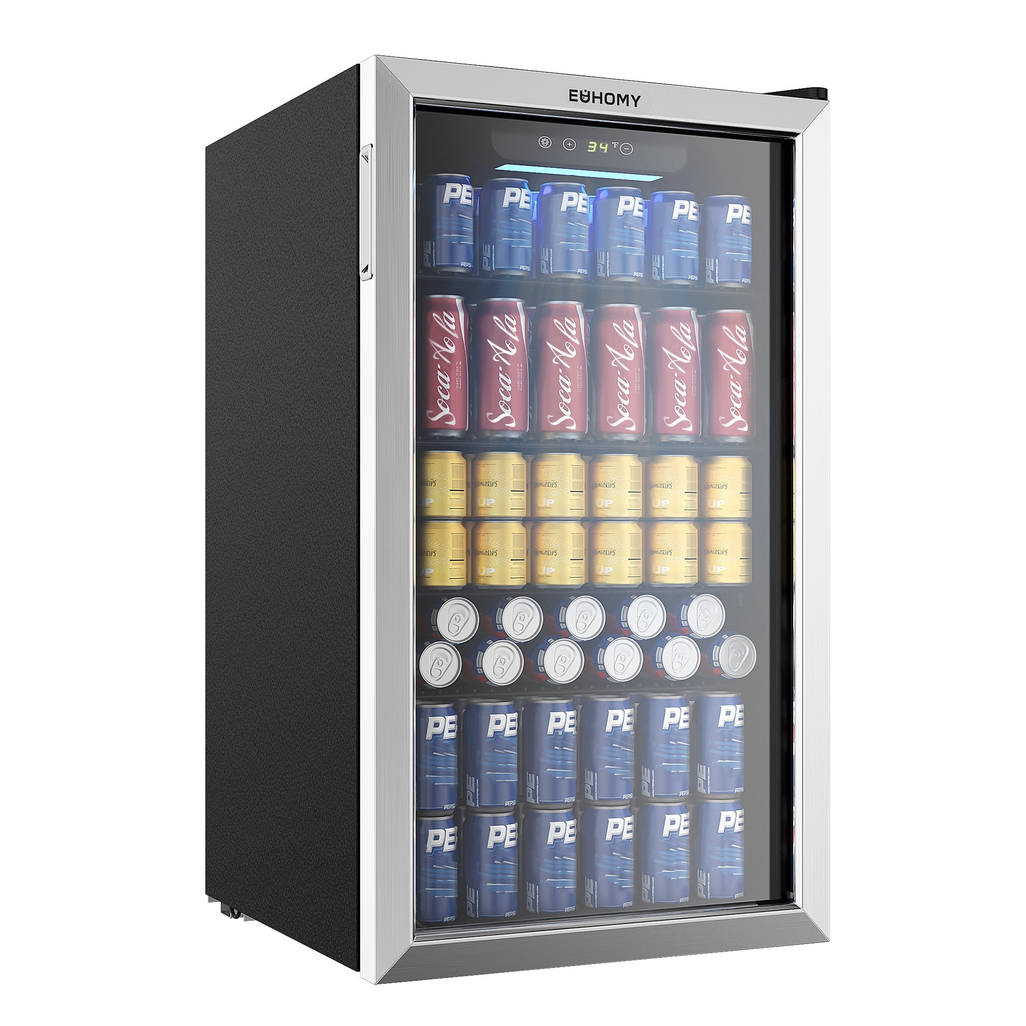 EUHOMY 3.2 Cu.Ft beverage cooler with glass door, showcasing rows of Pepsi, Coca-Cola, and yellow cans in freestanding design.