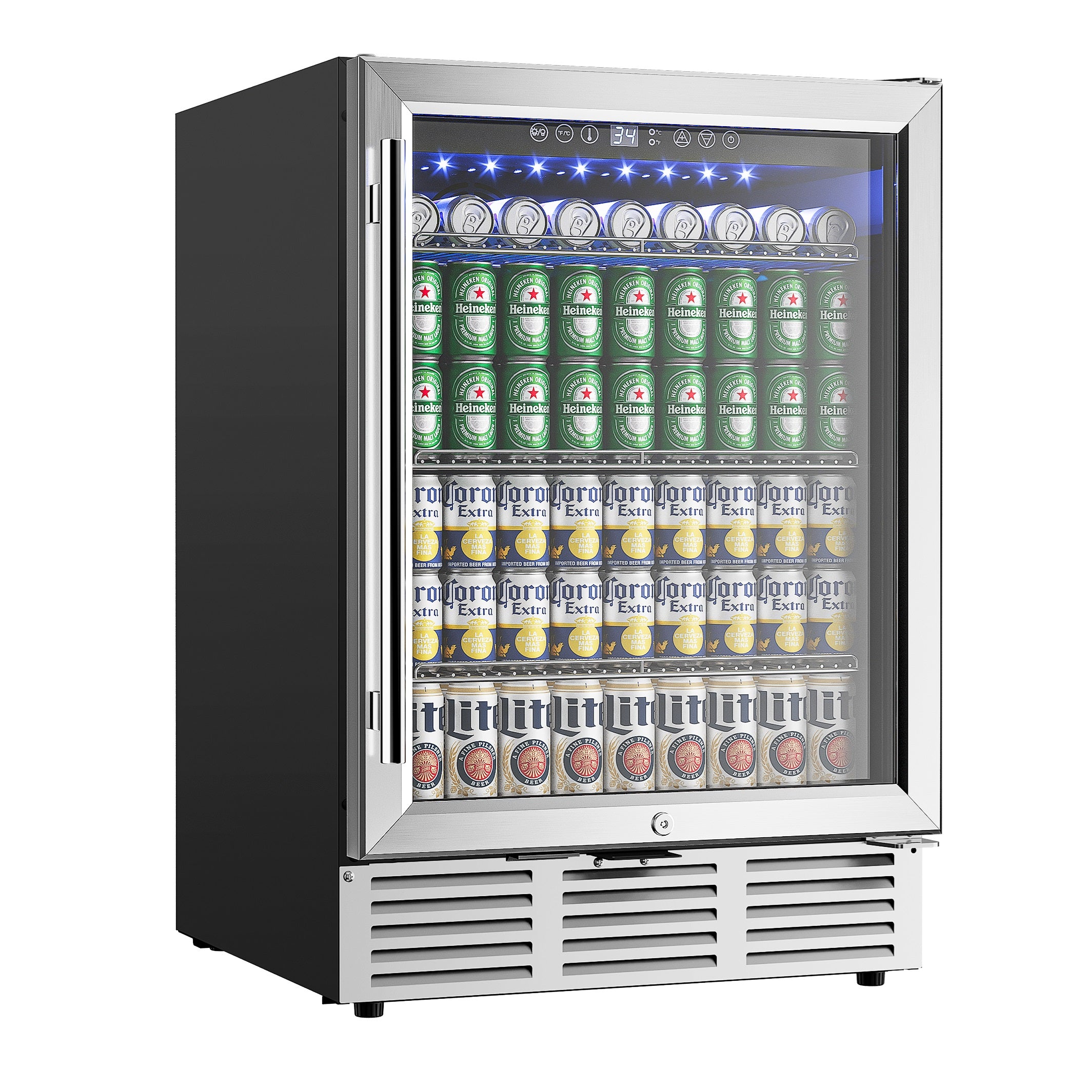 EUHOMY 5.3 cu ft under counter beverage fridge, holds 180 cans. Stainless steel, glass door, LED interior, removable shelves.